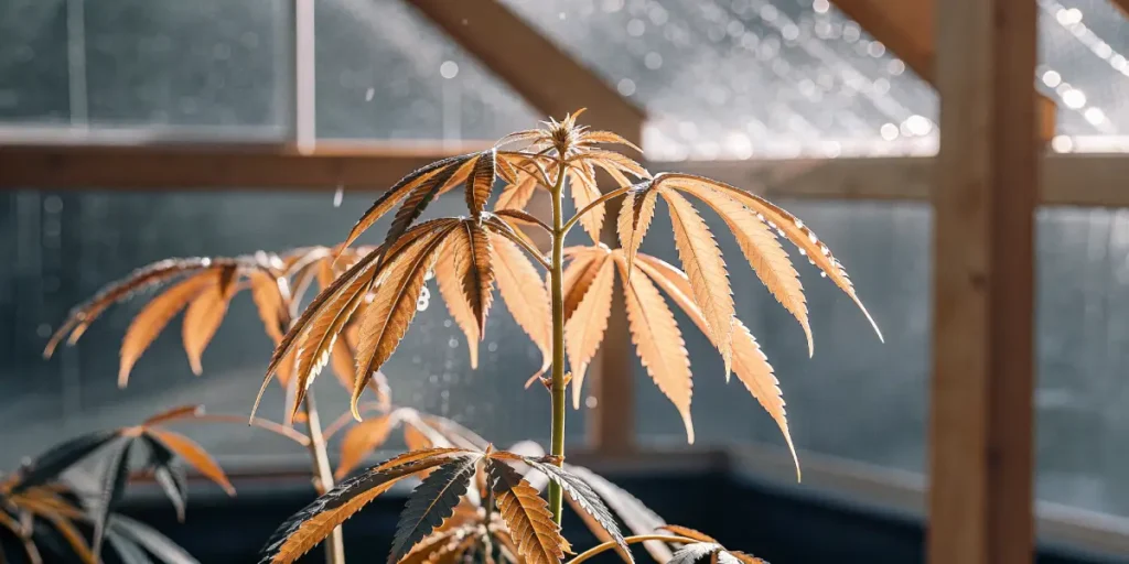 Cannabis plant with orange-tinted leaves under natural light inside a greenhouse.