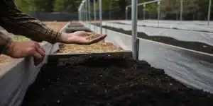 Hand gently sowing organic cannabis seeds into rich, dark soil.
