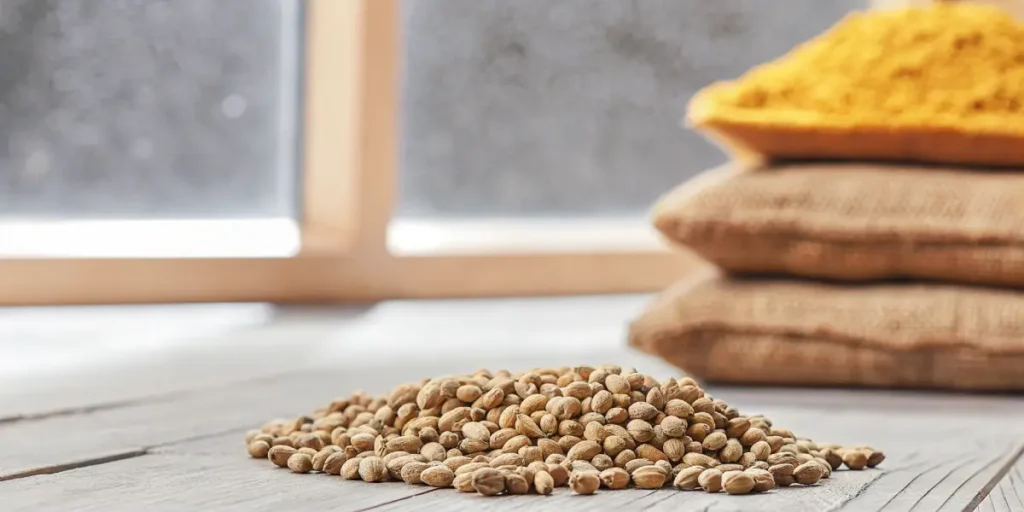 Organic cannabis seeds resting on a wooden surface indoors.