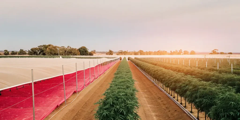 Outdoor cannabis farm at sunrise with long rows of healthy plants.