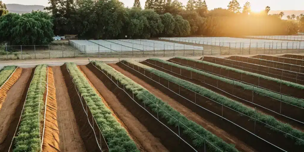 Aerial view of an organized outdoor cannabis farm with irrigation lines.