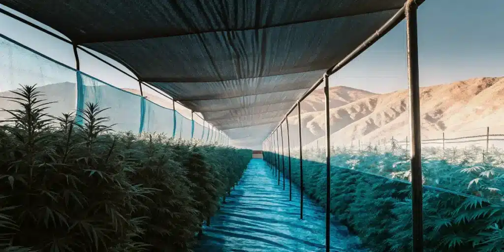 Outdoor cannabis farm with sunshade structure in a mountain valley.