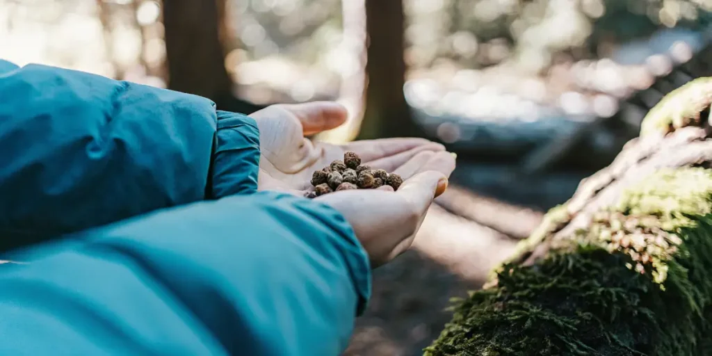 Person holding autoflower cannabis seeds in the forest light.