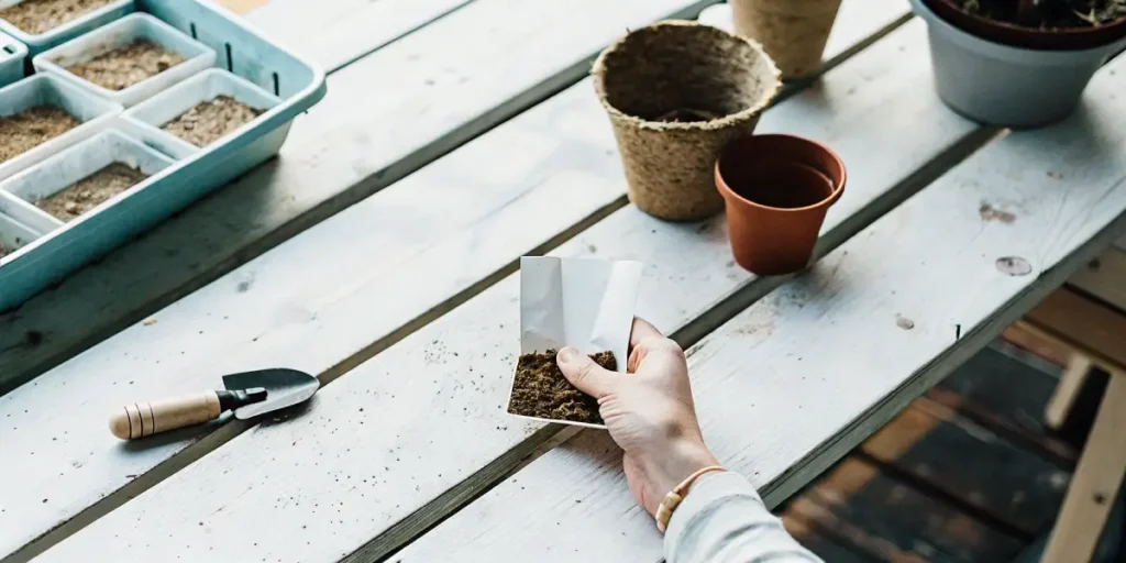Person preparing cannabis seeds for planting on a wooden table.