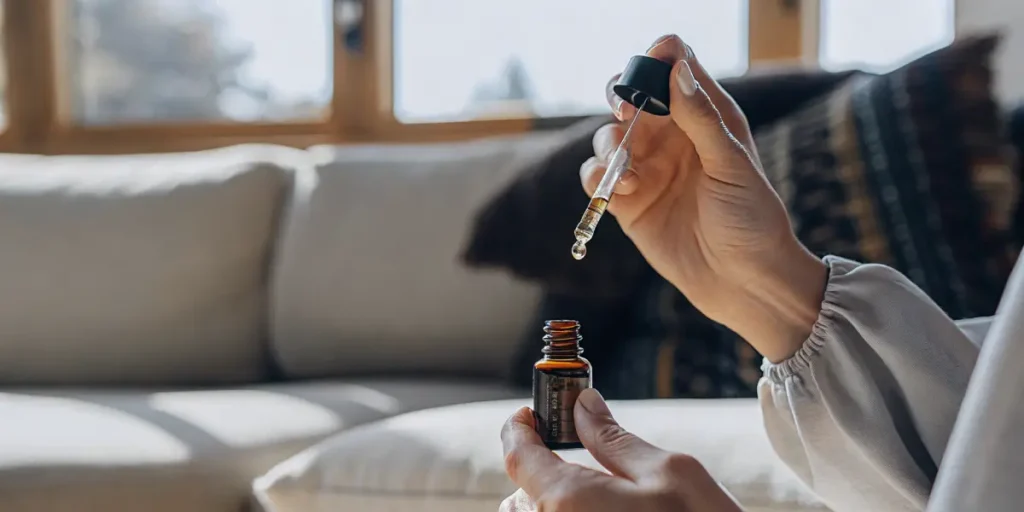 Person using a CBD oil dropper at home in a relaxed setting.