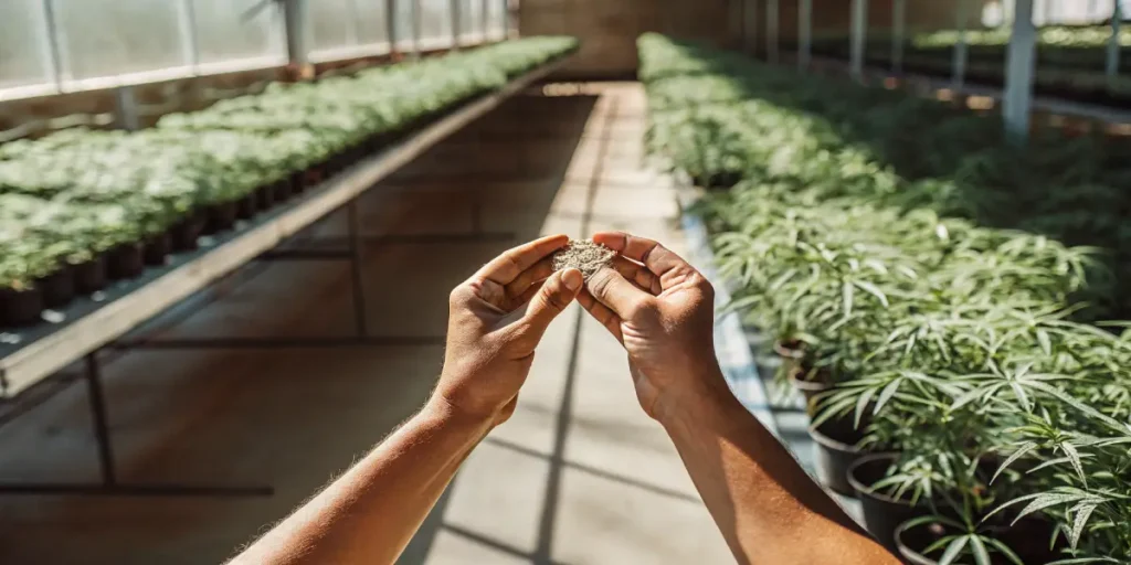 Hands holding photoperiod cannabis seeds above young greenhouse plants.