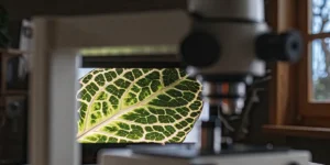 Plant leaf under microscope showing illuminated green vein patterns.