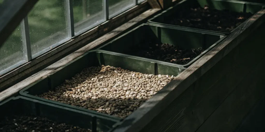 Raw coffee beans stored in a green tray inside a greenhouse with natural light.