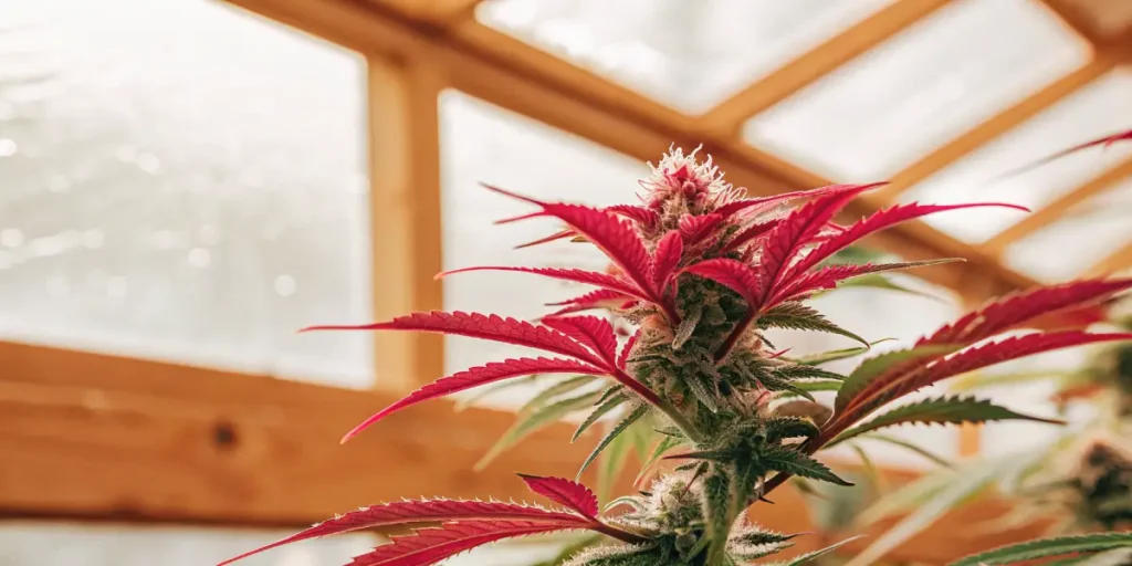 Close-up of a red cannabis bud growing indoors under natural greenhouse light.