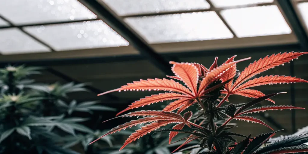 Close-up of a red cannabis leaf under LED greenhouse lighting with water droplets on the edges.