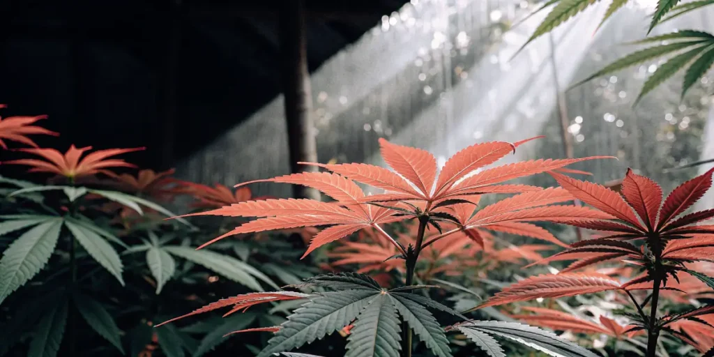 Red cannabis leaves illuminated by sunlight inside a shaded greenhouse.