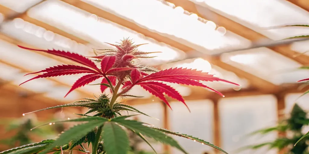 Cannabis plant with red leaves growing in a greenhouse under natural sunlight.