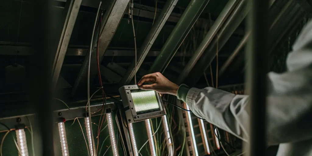 Scientist adjusting spectral lighting system for indoor plant growth.