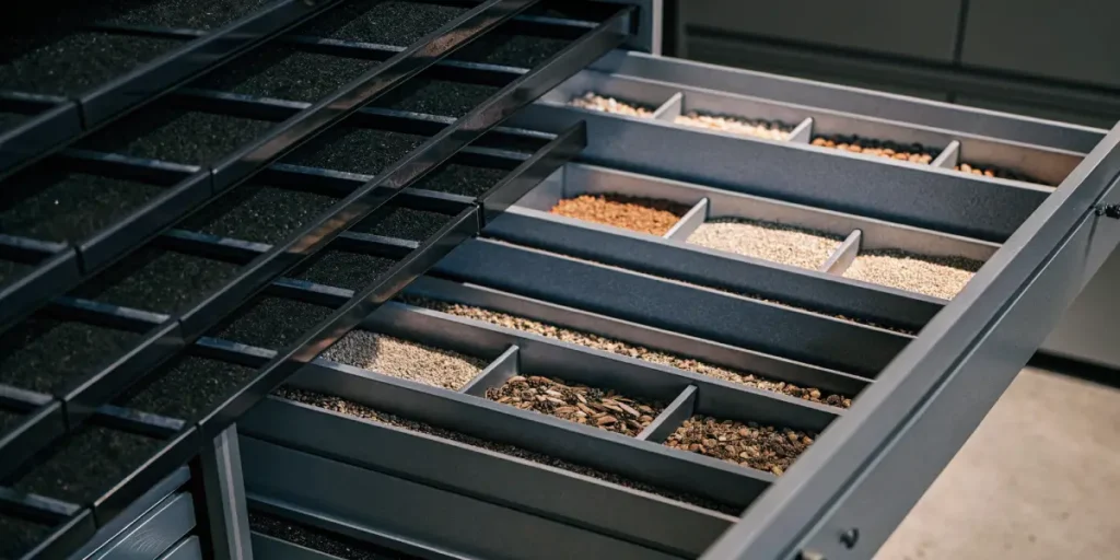 Seed storage drawer with multiple compartments holding different seed varieties.