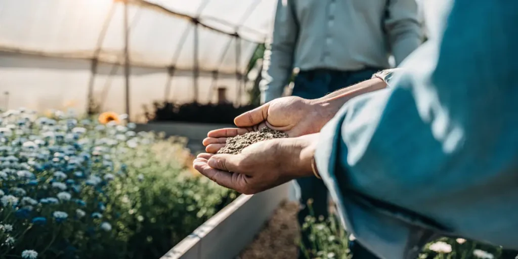 Farmers sharing organic cannabis seeds in a bright greenhouse.