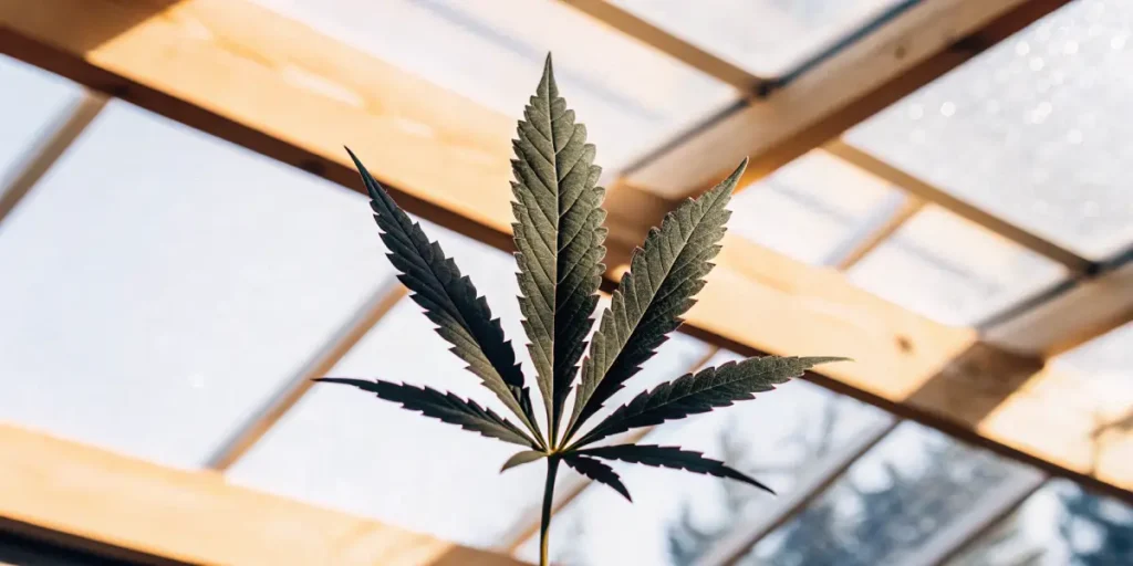 Single cannabis leaf illuminated by sunlight through greenhouse panels, emphasizing its natural symmetry.