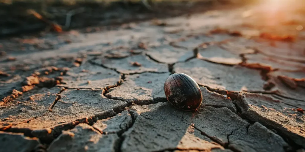 Single cannabis seed on dry cracked soil at sunset.