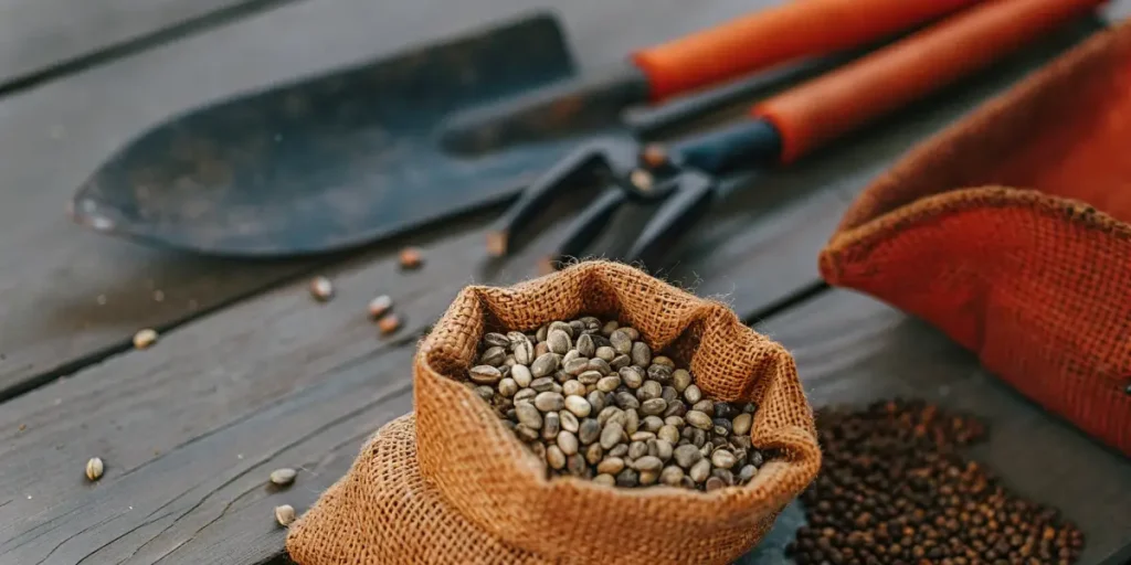 Skunky cannabis seeds in a rustic burlap bag with gardening tools.