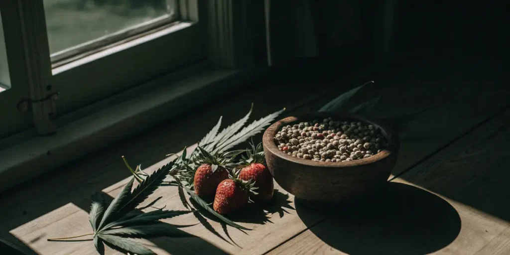 Strawberry cannabis seeds and leaves beside ripe strawberries near a window.
