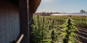 Cannabis plants growing outdoors in a sunlit field beside greenhouse structures.