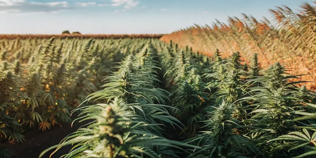 Thriving cannabis plants growing in neat rows under the afternoon sun.