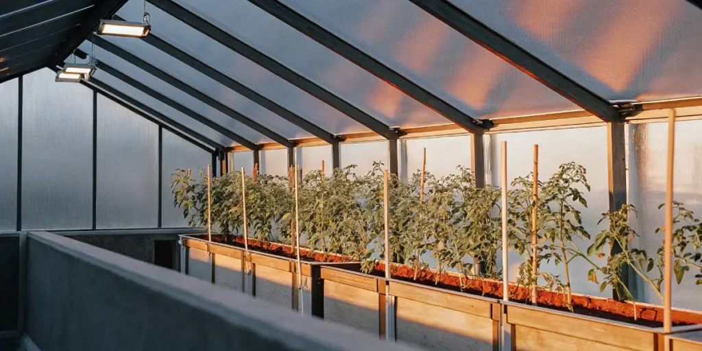 Tomato plants growing in rows under artificial lighting inside a modern greenhouse.