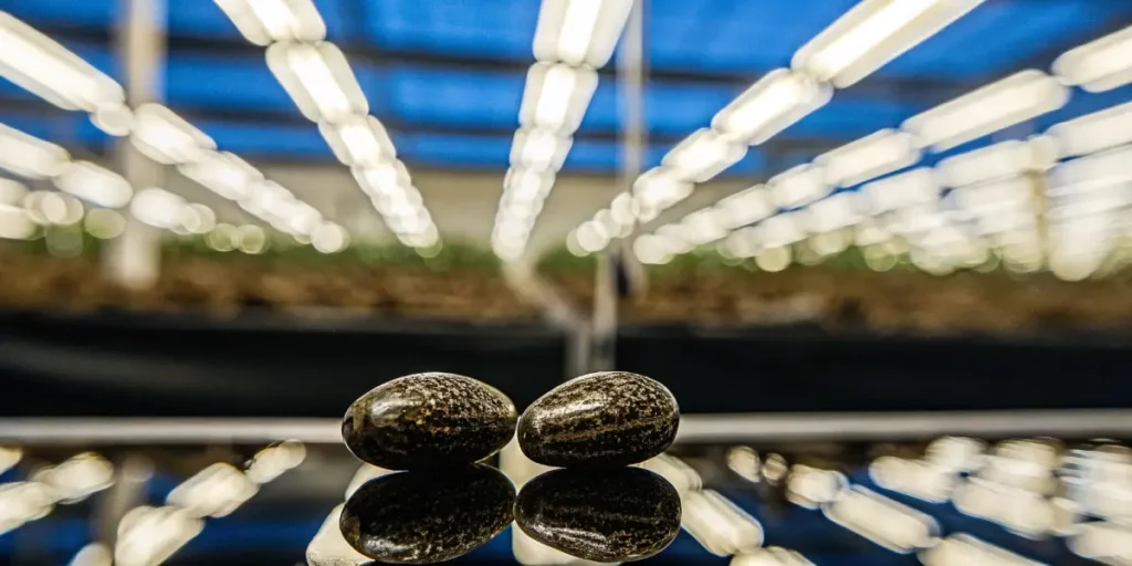 Two autoflower cannabis seeds under LED grow lights.