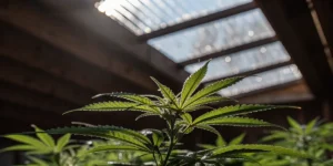 Close-up of a vibrant marijuana plant with dew drops under sunlight inside a greenhouse.