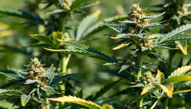 AK59 Auto plants developing thick, resinous colas under natural sunlight, showing  structure and exceptional autoflower performance outdoors.