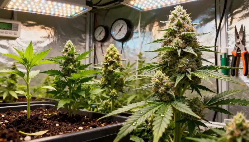 Alien Gorilla Glue Regular plants thriving under LED lights in mixed growth stages, showing strong structure, thick buds, and rich earthy aromas.