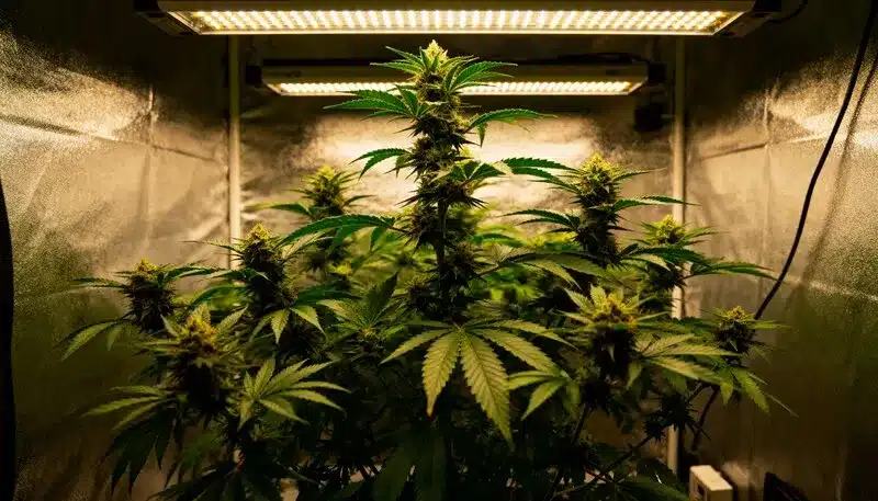 Alien OG Fast Version plants thriving indoors under warm LED spectrum, producing resin-rich buds and strong aroma during the flowering stage.