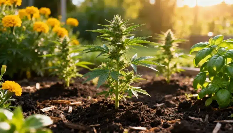 Alien Rock Candy F1 cannabis plant developing in organic soil with companion plants, thriving under natural sunlight for healthy early-stage growth.