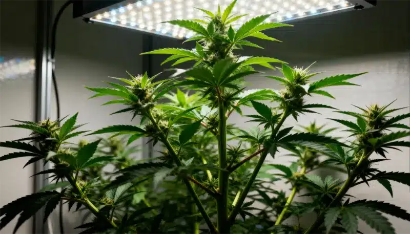 Alien Technology cannabis plant thriving under LED grow lights, forming thick buds and rich trichomes during mid-flowering for top-shelf potency and aroma.
