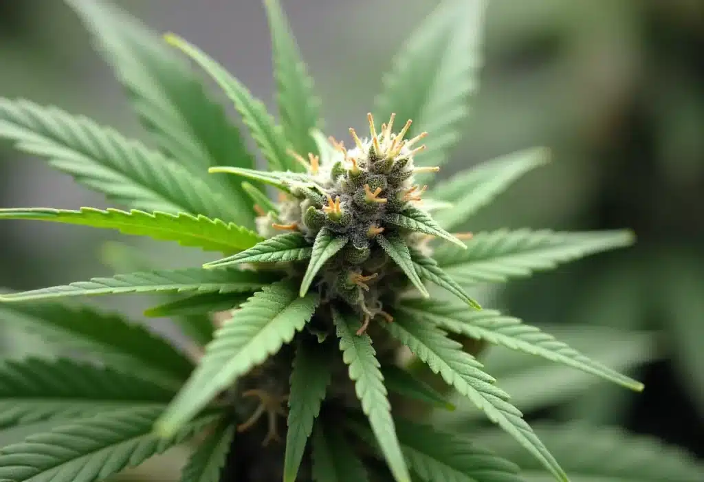 Mature Gold Leaf cannabis bud showing dense structure and abundant trichomes, ideal for indoor or outdoor cultivation and high THC yield.