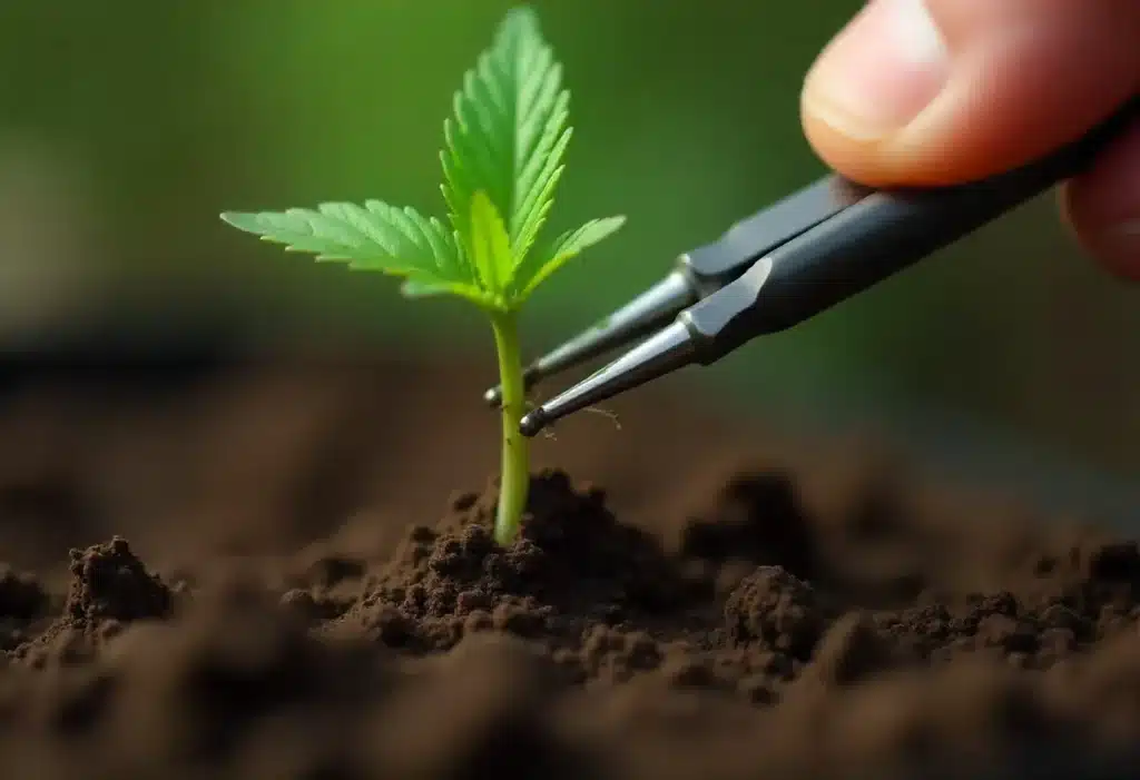 Young Gold Leaf cannabis plant in early vegetative phase, ideal for controlled indoor growth and robust genetic development under observation.