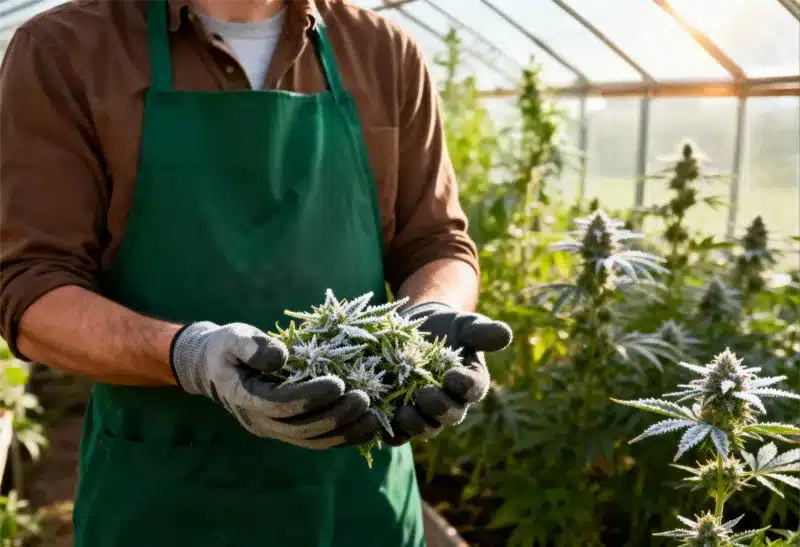 Freshly harvested Gorilla Grapefruit buds show dense trichomes and citrus aroma. Grown in greenhouse conditions for premium flavor and potency.