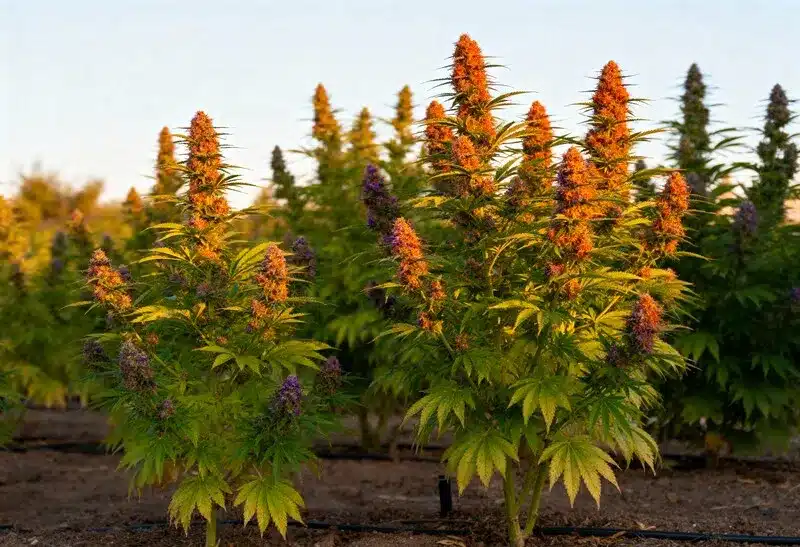 Gorilla x Tangie Regular plants outdoors. Deep purple buds and citrus aroma show Tangie’s zest and Gorilla’s strong genetics.