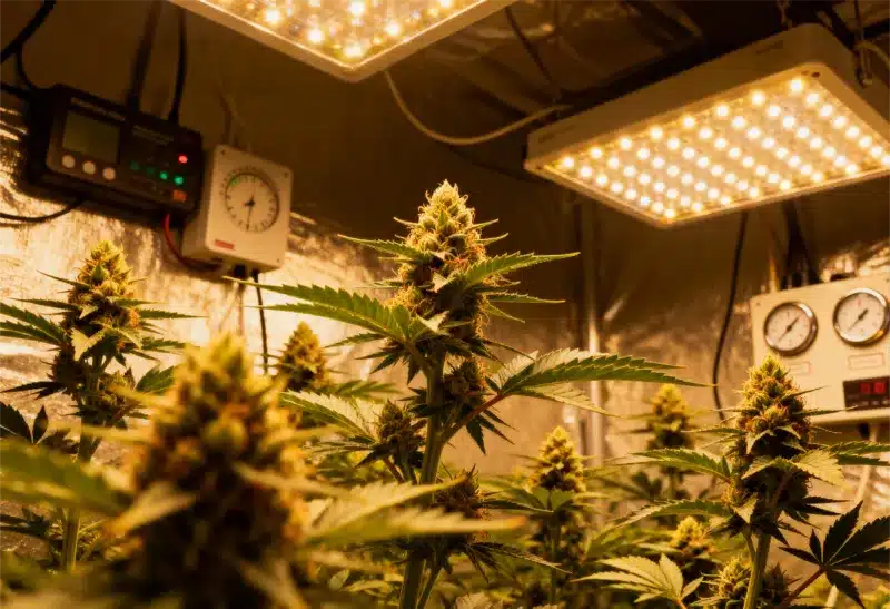 Grape Killer 99 thriving under warm LED lighting, producing dense, resinous buds with powerful citrus-grape aroma and fast flowering time.