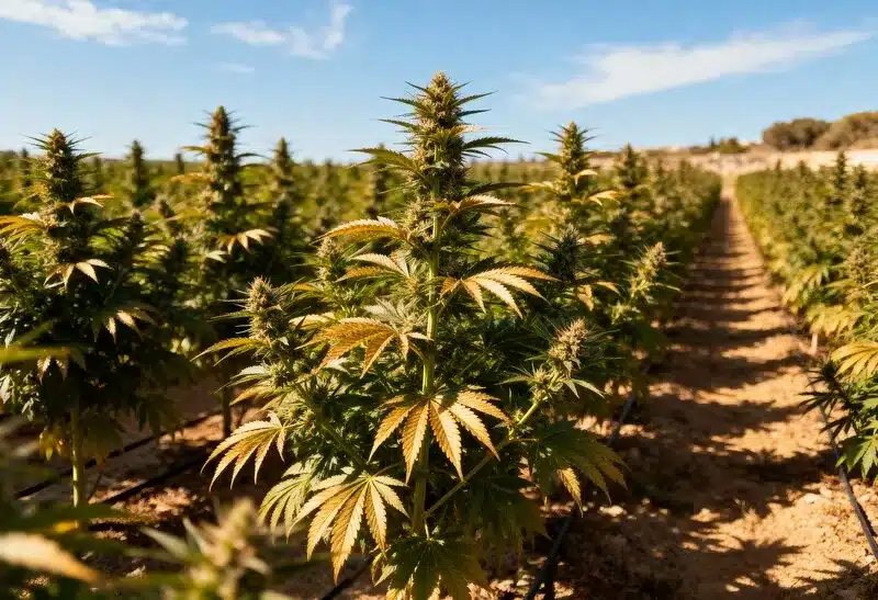 Grape Killer 99 growing outdoors in full sun, showing tall structure, leaves, and high resin output perfect for warm climates.