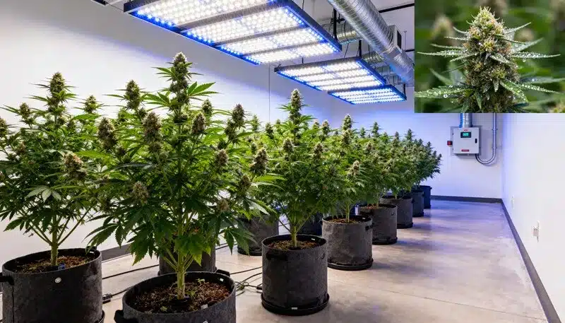 Grape Killer Fast Version in full bloom under LED grow lights, displaying dense, resinous buds and optimal canopy management for high yields.