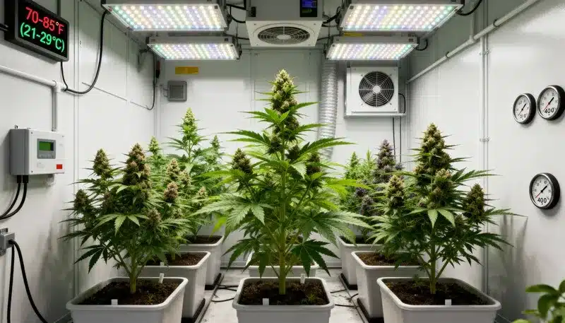 Grape Killer Haze Auto plants thriving indoors with dense buds and perfect temperature control, ideal for high-yield autoflower cultivation.