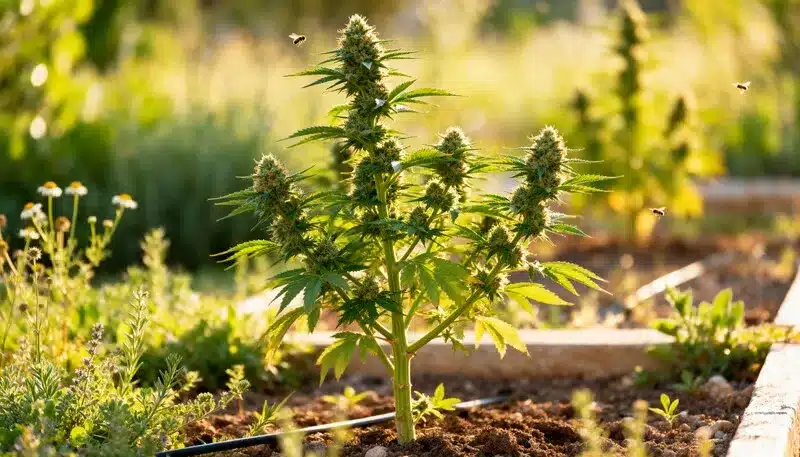 Grapefruit Auto growing under natural sunlight with resinous buds and pollinators around, reflecting healthy organic outdoor cultivation.
