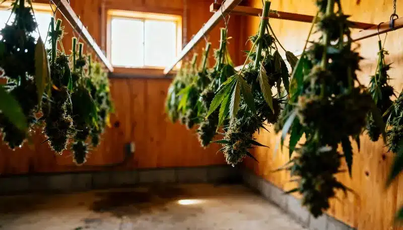 Freshly harvested Grapefruit cannabis branches hanging to dry in a wooden curing room, preserving terpenes and enhancing citrus aroma for top-quality results.