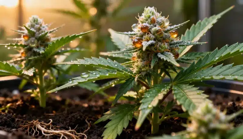 Grapefruit Regular cannabis plant in early flowering with resin-coated buds and morning dew, thriving under natural light for aromatic citrus terpenes.