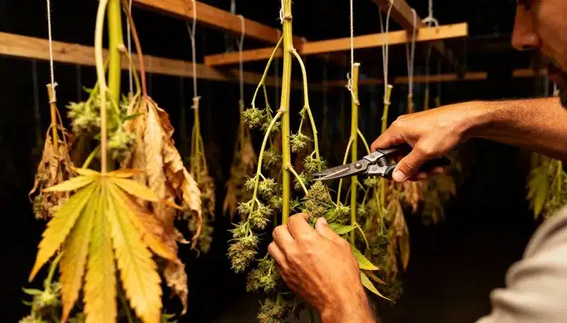 Grapefruit Regular cannabis branches being hand-trimmed during the drying stage, ensuring premium bud quality and preserving natural grapefruit aroma.