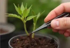 Healthy Gold Leaf seedling with strong early stem growth.