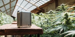 smart device placed on wooden table inside cannabis greenhouse