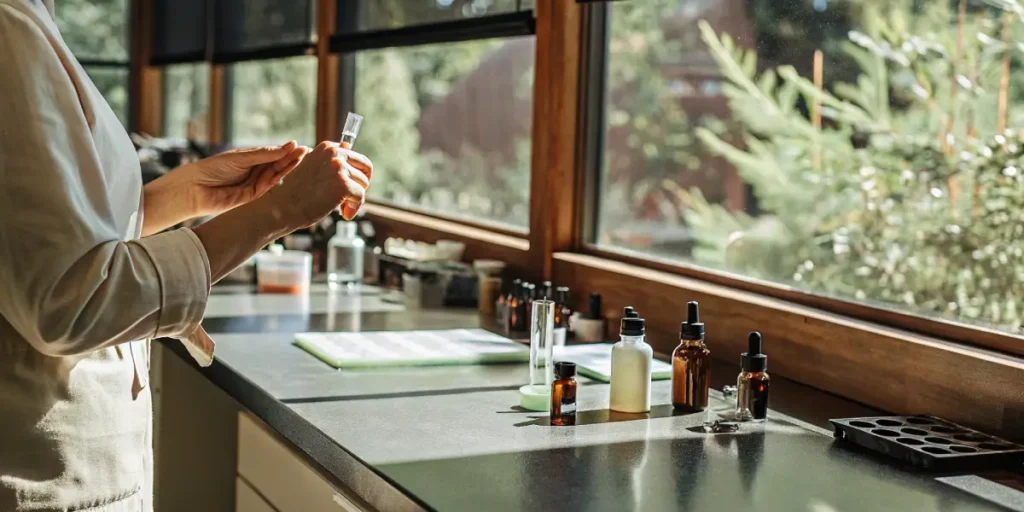 scientist analyzing cannabis oil in glass vials inside a laboratory