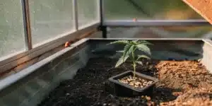 Autoflower cannabis seedling growing in greenhouse soil tray with morning light.