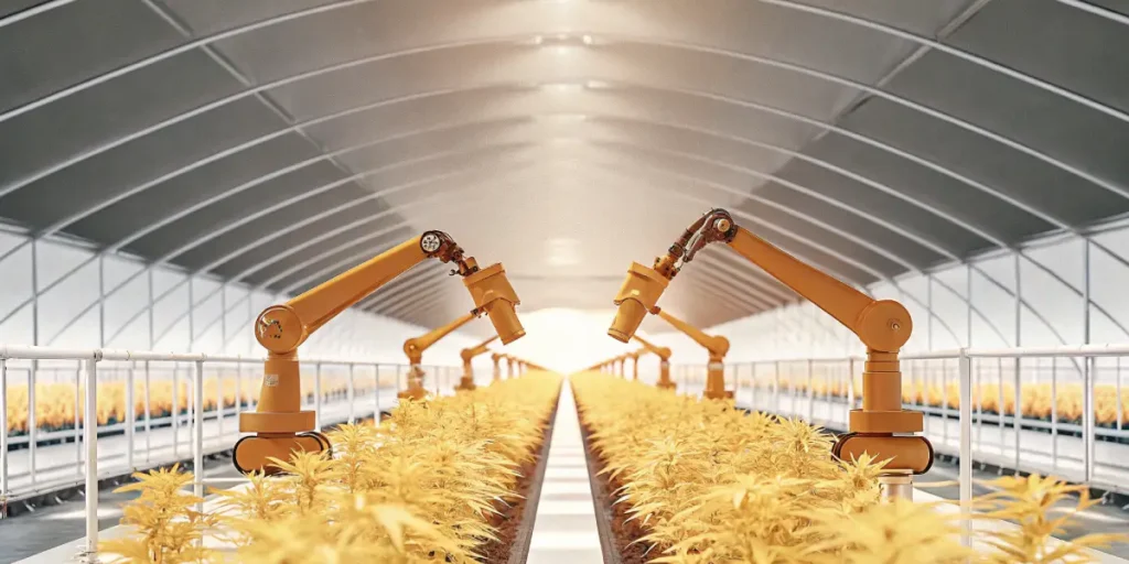 robotic arms tending cannabis plants inside automated greenhouse